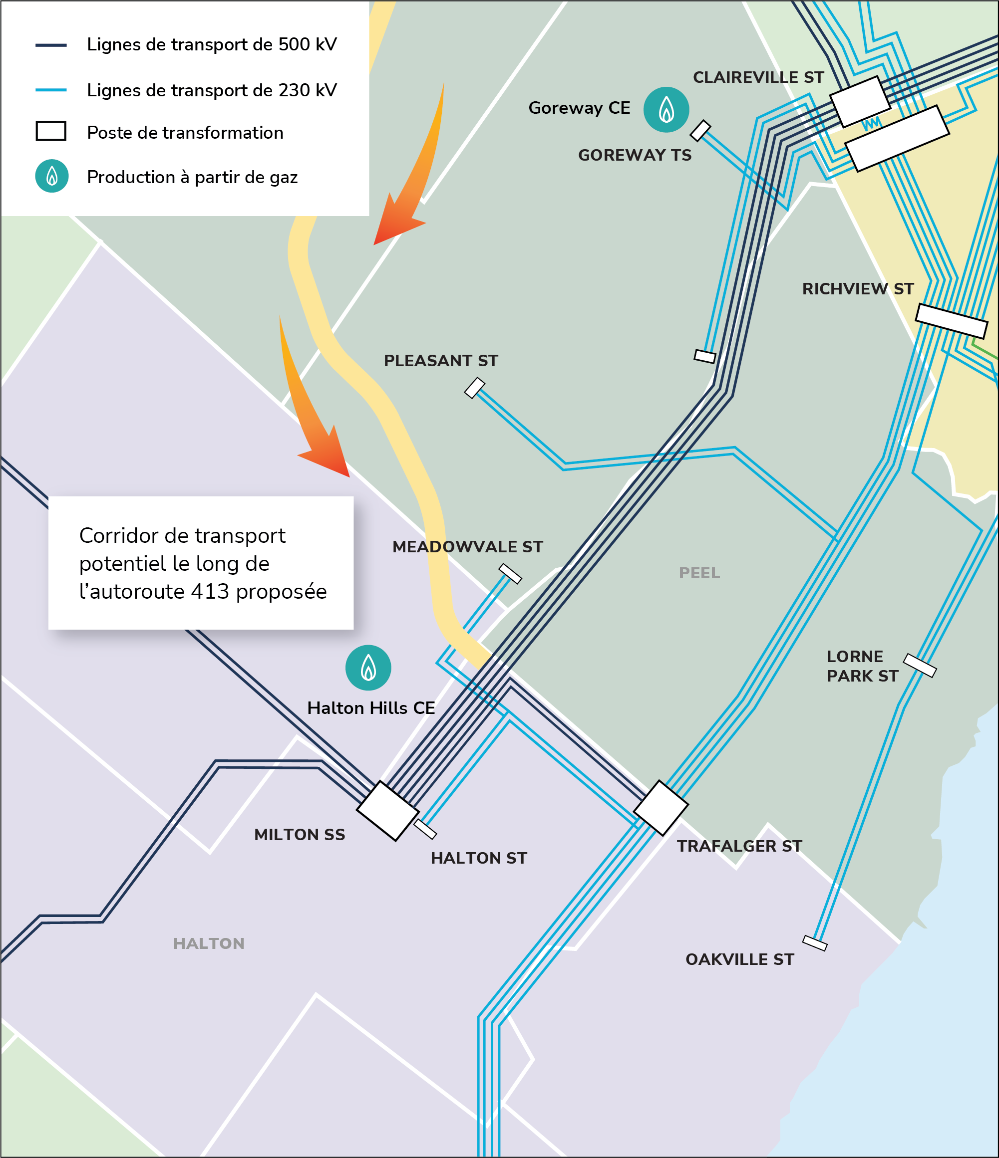 La carte présente le corridor de transmission potentiel proposé pour l'autoroute 413