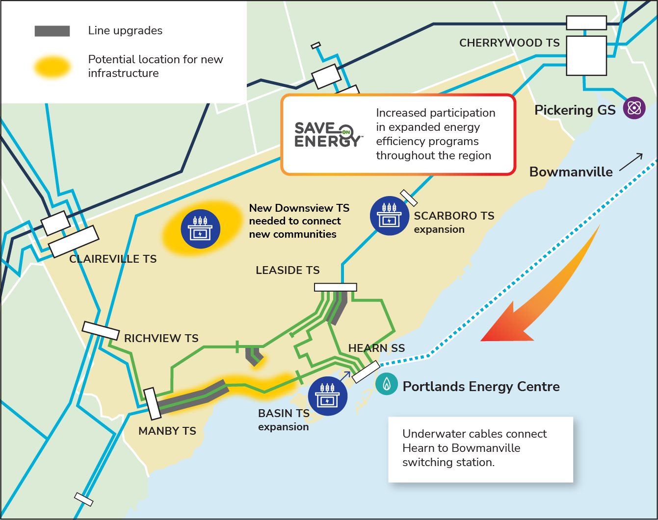 Map representing Leaside Transmission expansion and Hearn Switching Station expansion which is required to bring more power to downtown