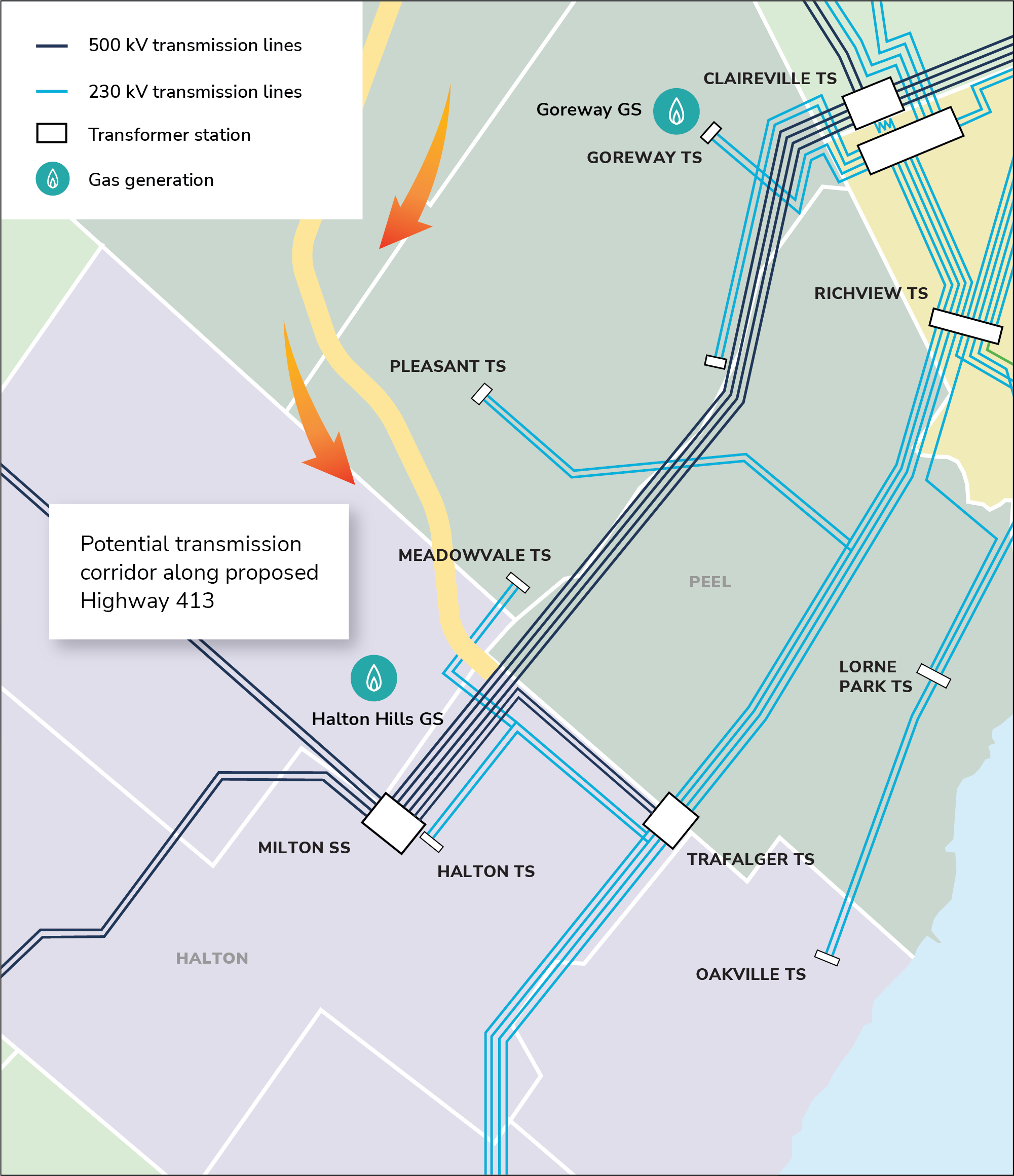 Map showcases potential transmision corridor proposed for Highway 413
